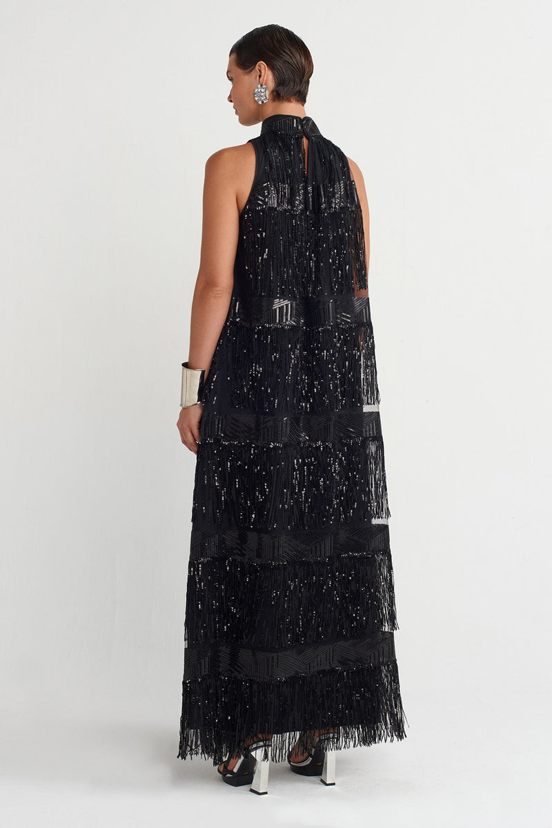 Nu Beaded Fringe Long Dress Black