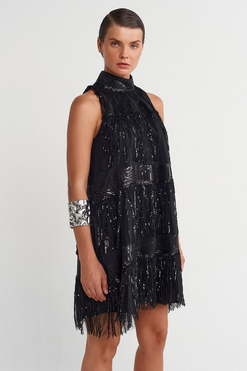 Nu Beaded Fringe Mini Dress Black