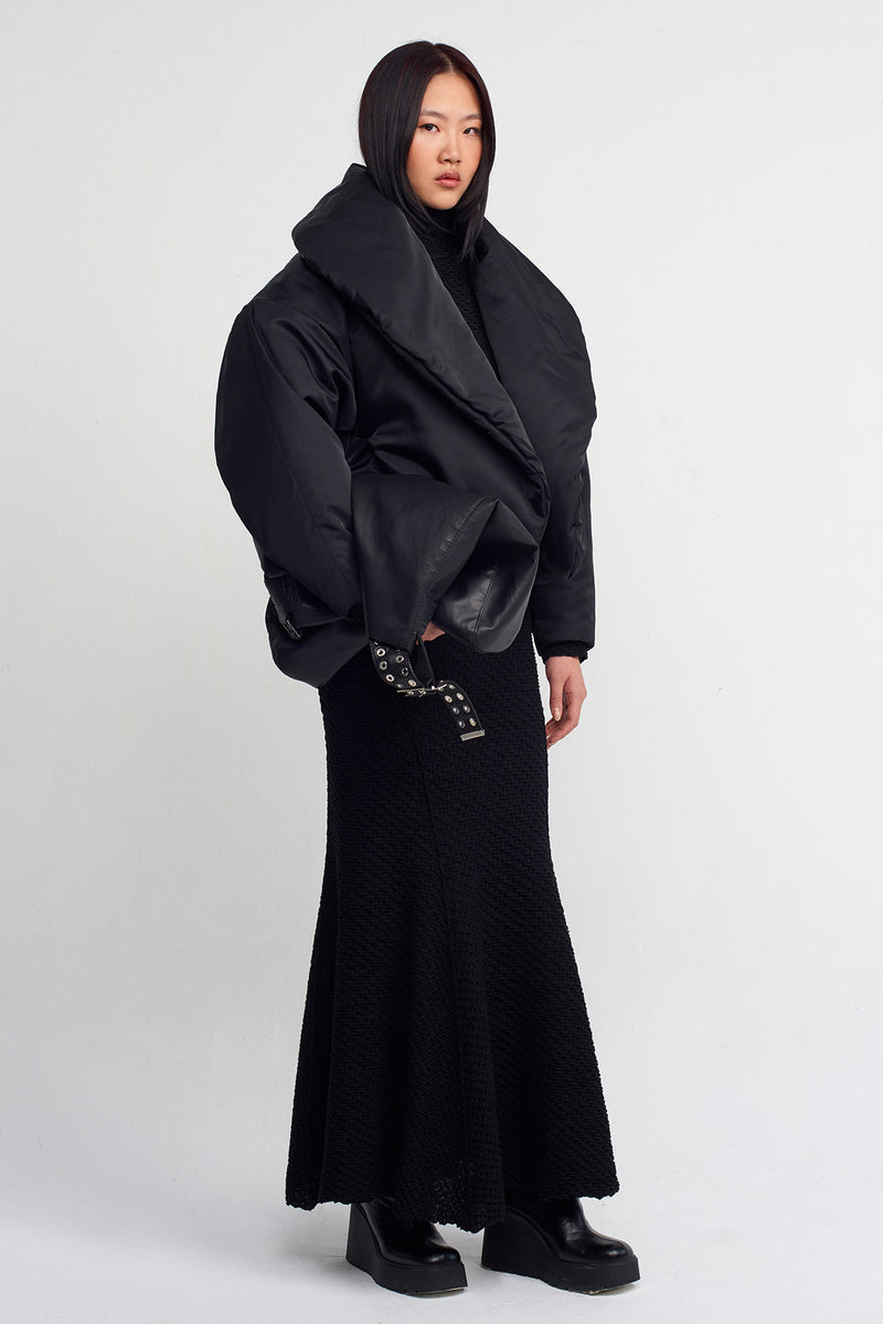 NU Oversized Collar Short Coat Black