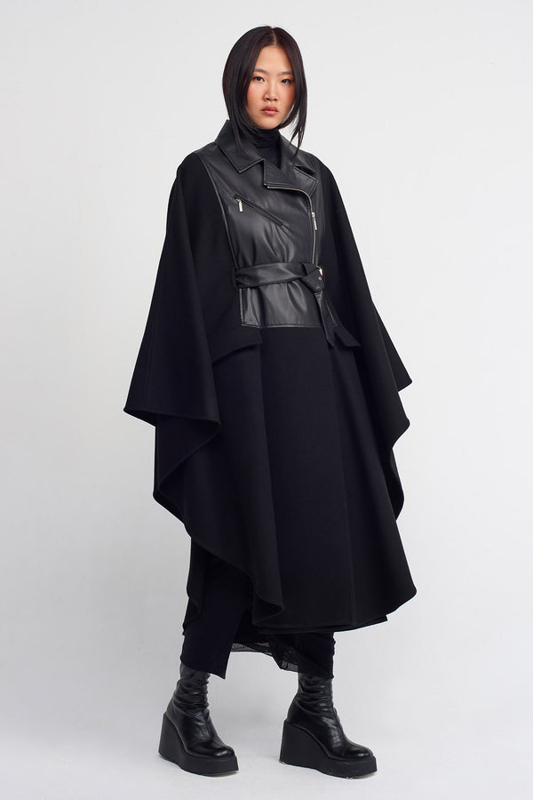 Nu Leather Detail Cape Coat Black