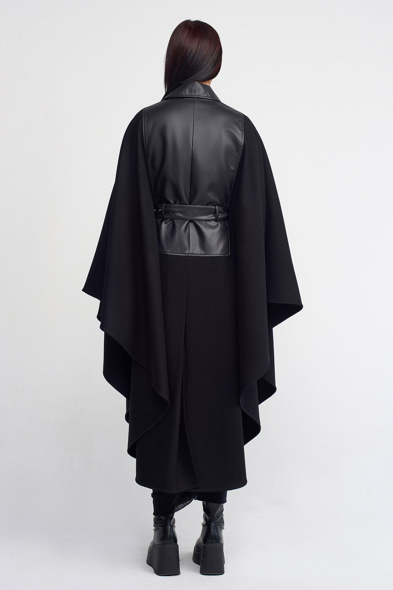 Nu Leather Detail Cape Coat Black