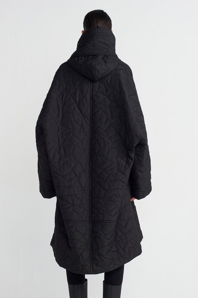 Nu Irregular Quilted High Neck Coat Black