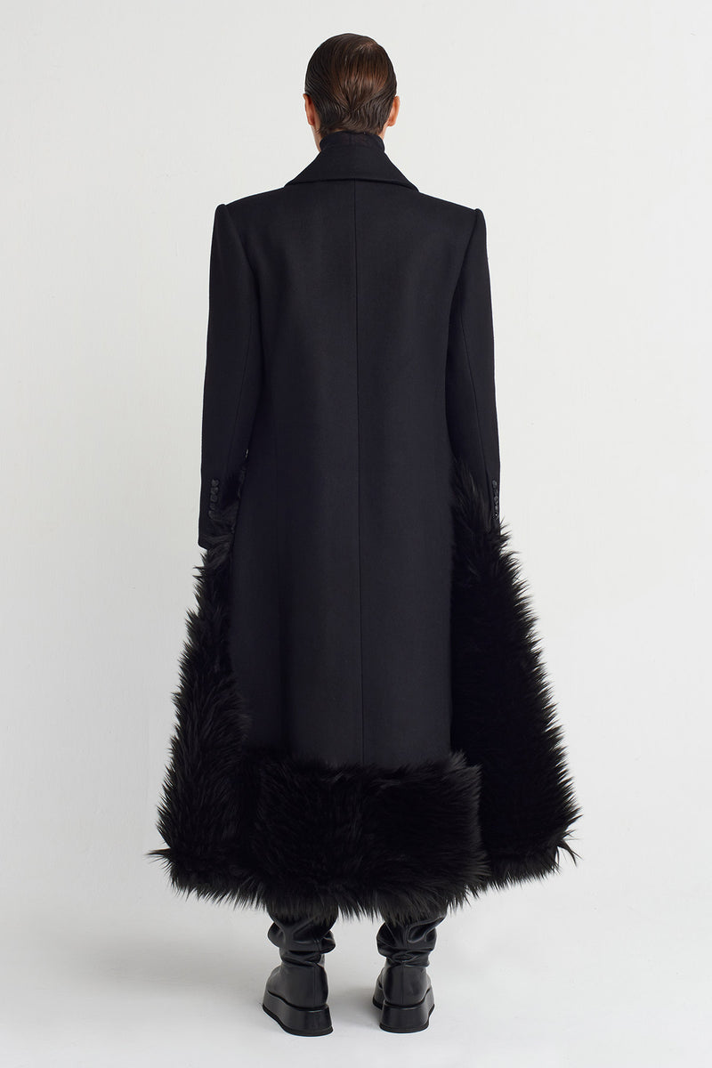 Nu Fur Detailed Long Elegant Coat Black