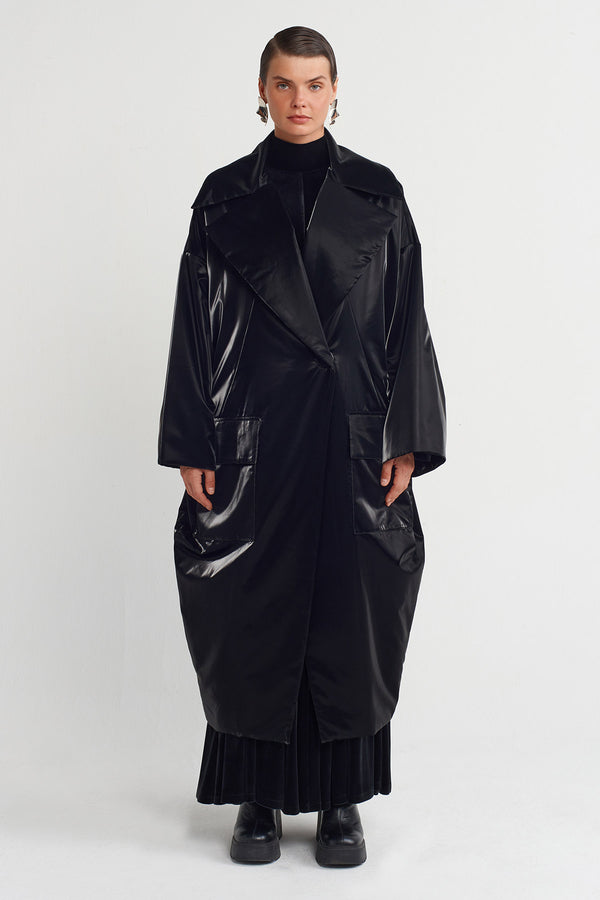 Nu Shiny Fabric Long Coat Black