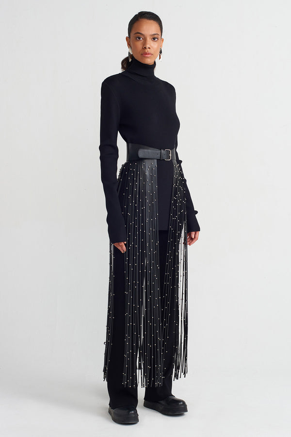 Nu Striped Fringe Beaded Belt Black