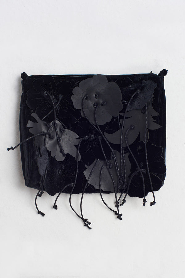 Nu Velvet Leather Flower Motif Clutch Bag Black