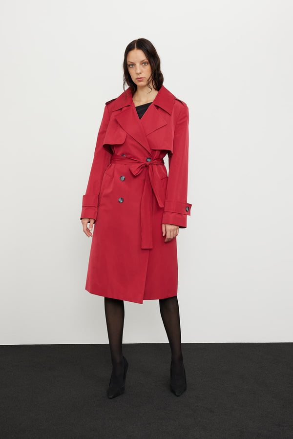 Roman Double Breasted Trench Coat Red