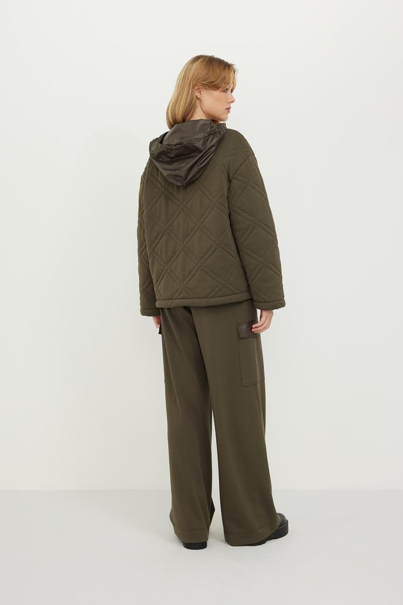 Roman Solid Hooded Quilted Coat Khaki