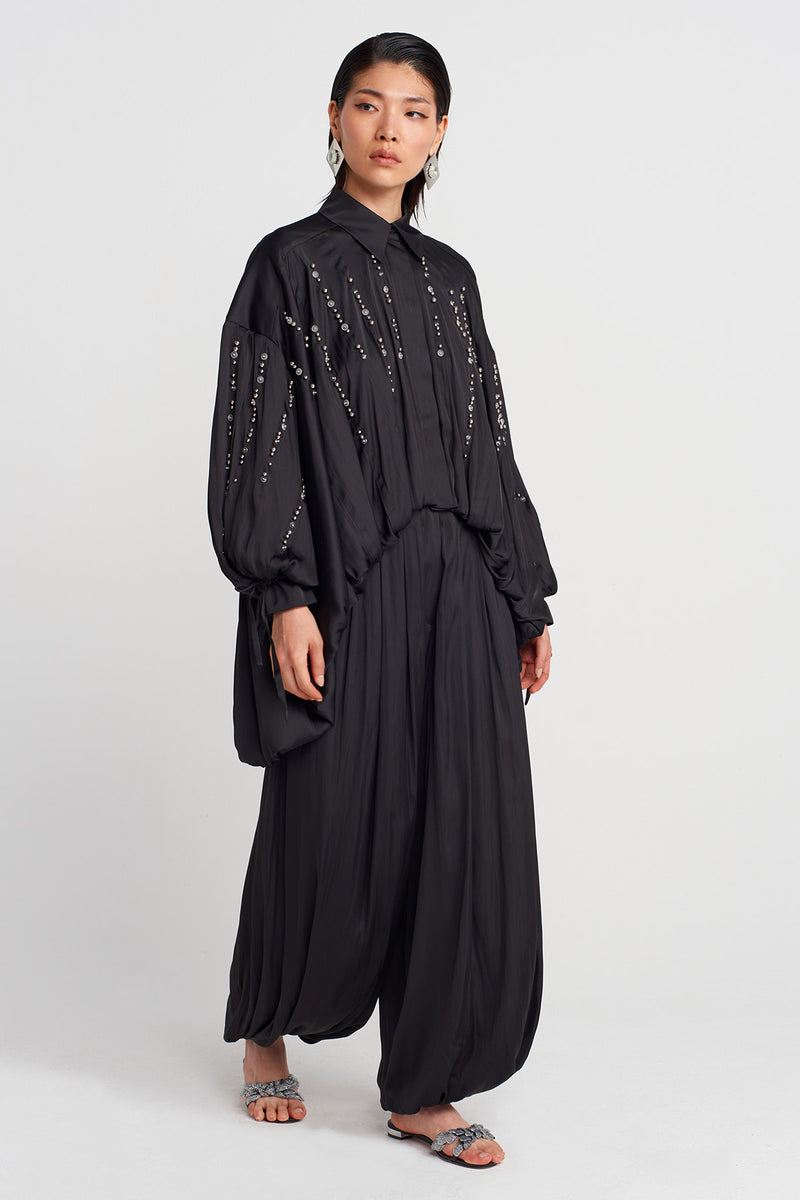 Nu Embroidered Satin Shirt Black