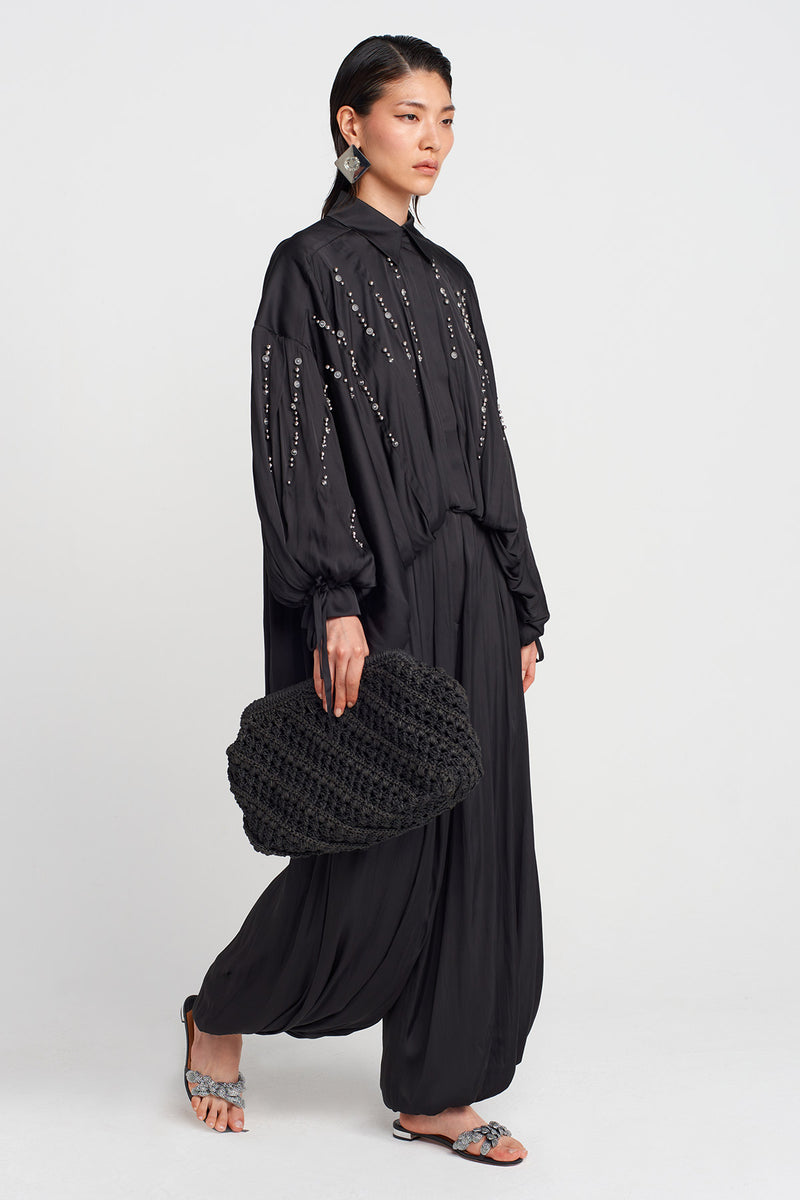 Nu Embroidered Satin Shirt Black