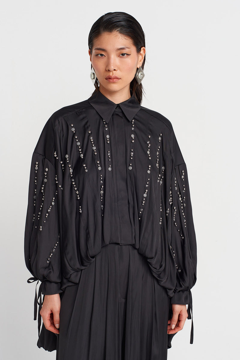 Nu Embroidered Satin Shirt Black