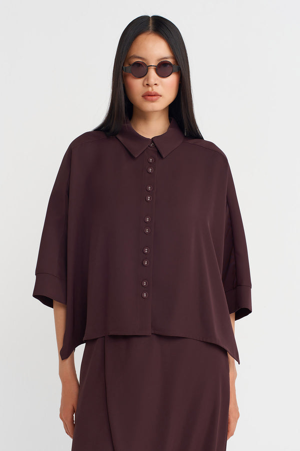 Nu Draped Fabric, Half Sleeve Shirt Eggplant