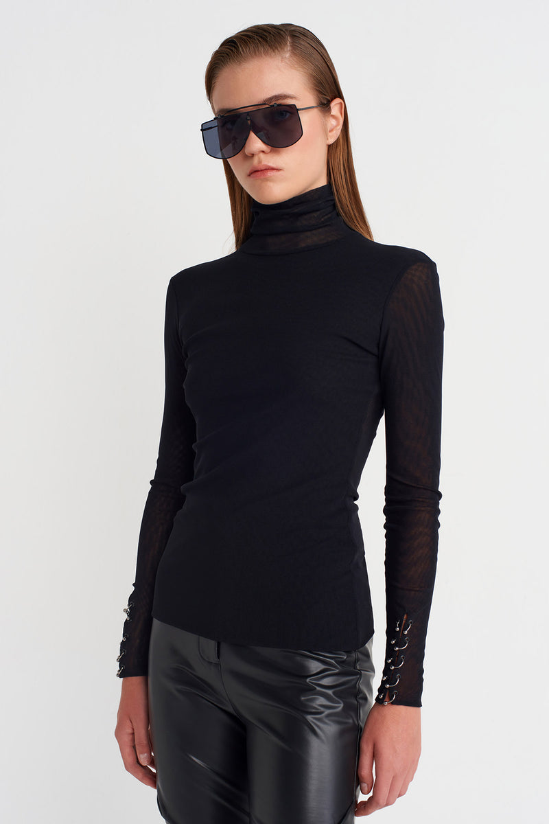 Nu Sheer Bodysuit With Metal Sleeve Accents Black