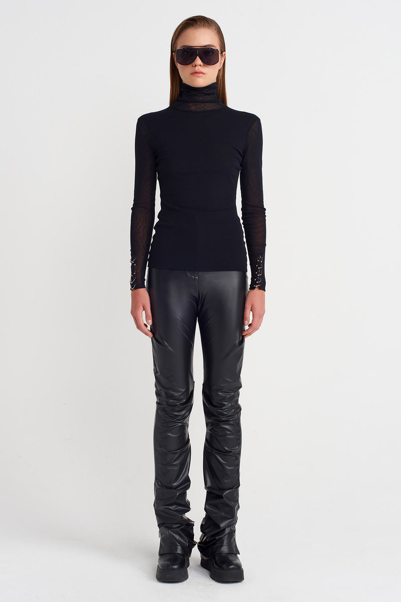 Nu Sheer Bodysuit With Metal Sleeve Accents Black