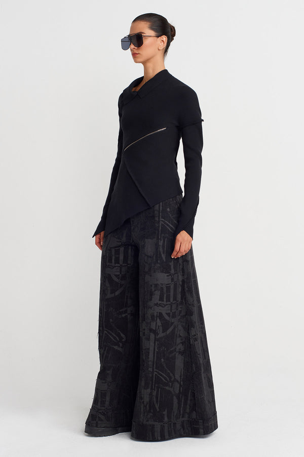 Nu Asymmetric Zipped Long Sleeve Top Black