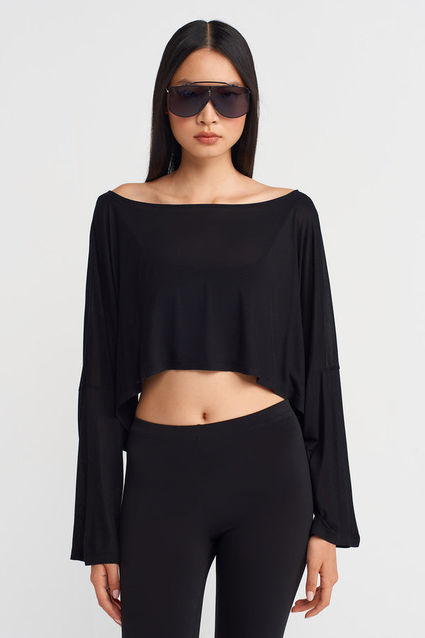 Nu Long Sleeve Bamboo Crop Blouse Black