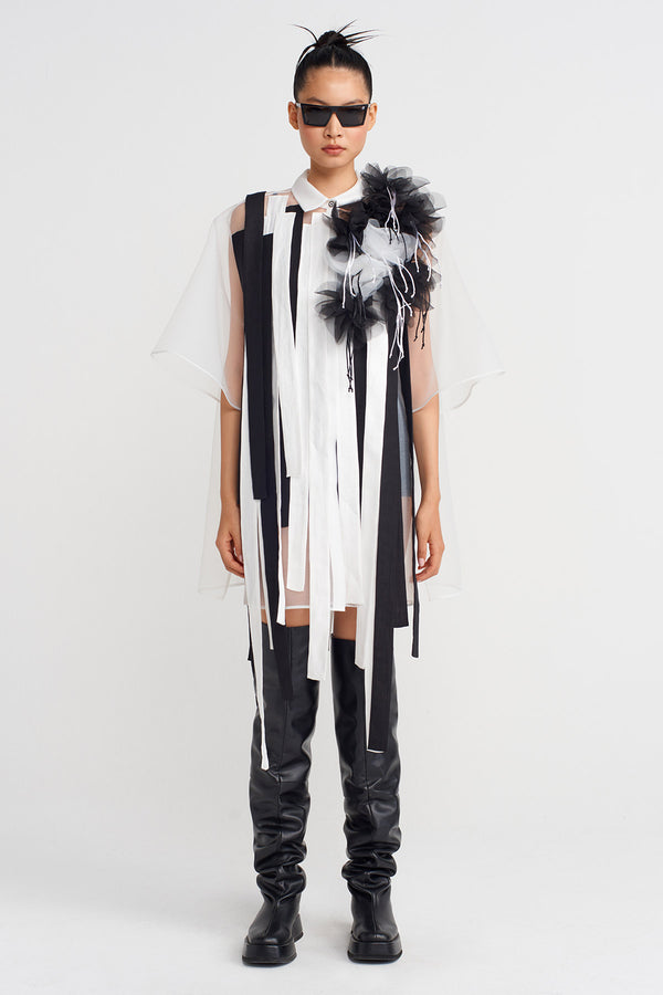 Nu Striped And Floral Detailed Organza Shirt Off White/Black