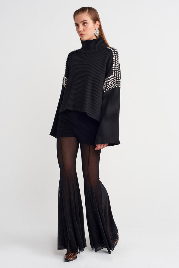Nu Knit Sweater With Stone Embellished Shoulders And Sleeves Black