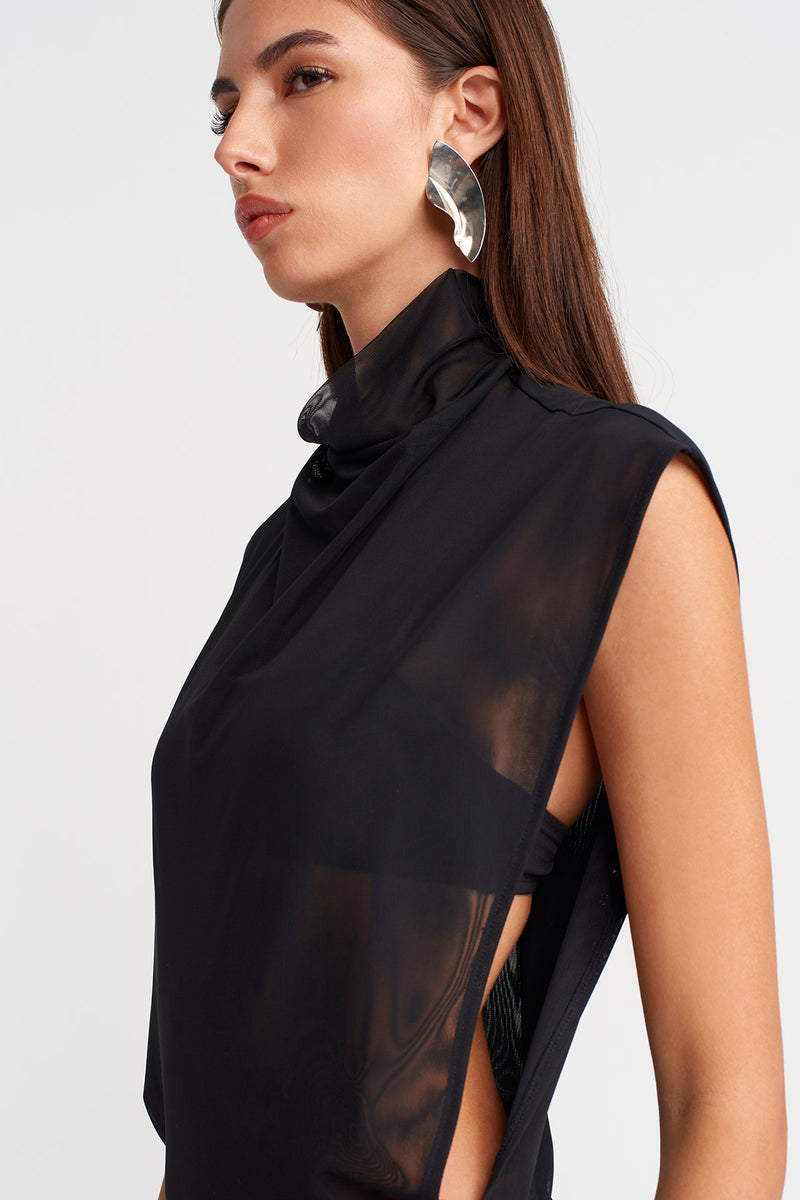 Nu Sheer Draped High-Neck Bodysuit Black