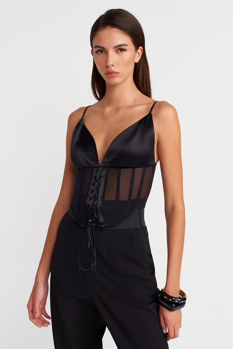 Nu Satin Bustier Detailed Sheer Corset Top Black
