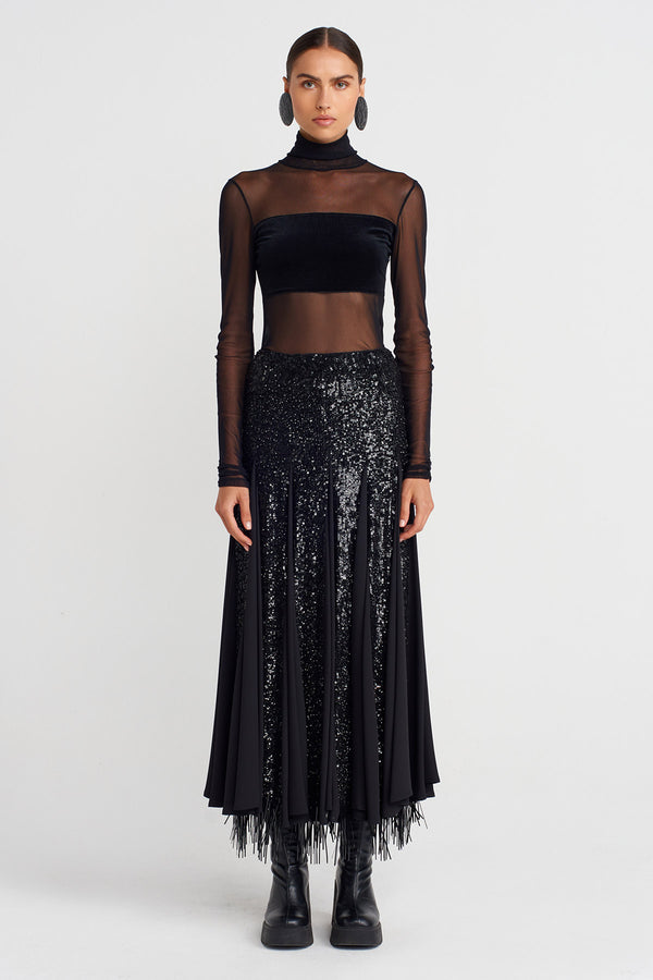 Nu Embroidered Sequin Long Elegant Skirt Black