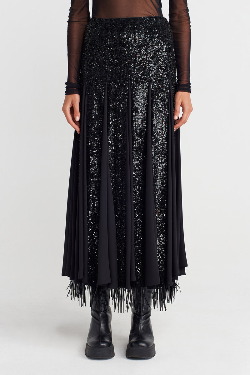 Nu Embroidered Sequin Long Elegant Skirt Black