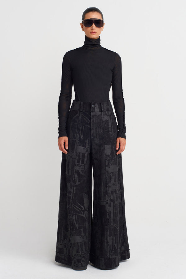 Nu Printed Wide-Leg Denim Trousers Black