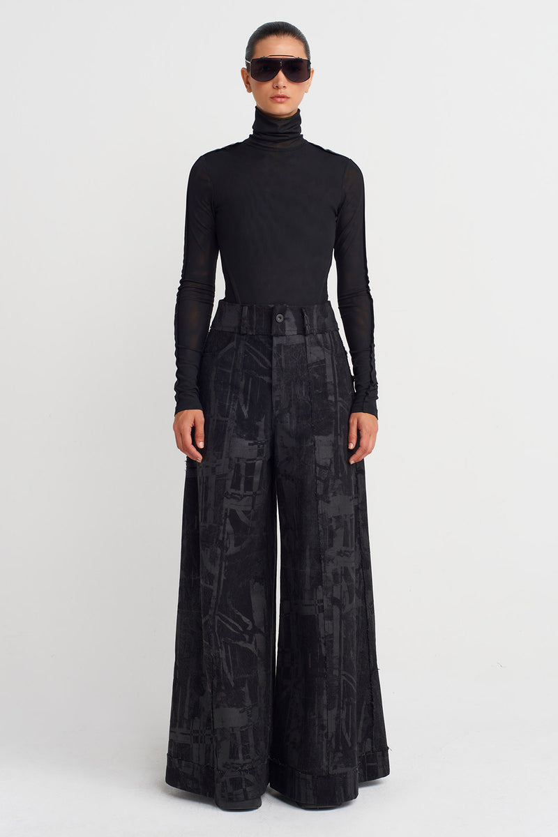 Nu Printed Wide-Leg Denim Trousers Black