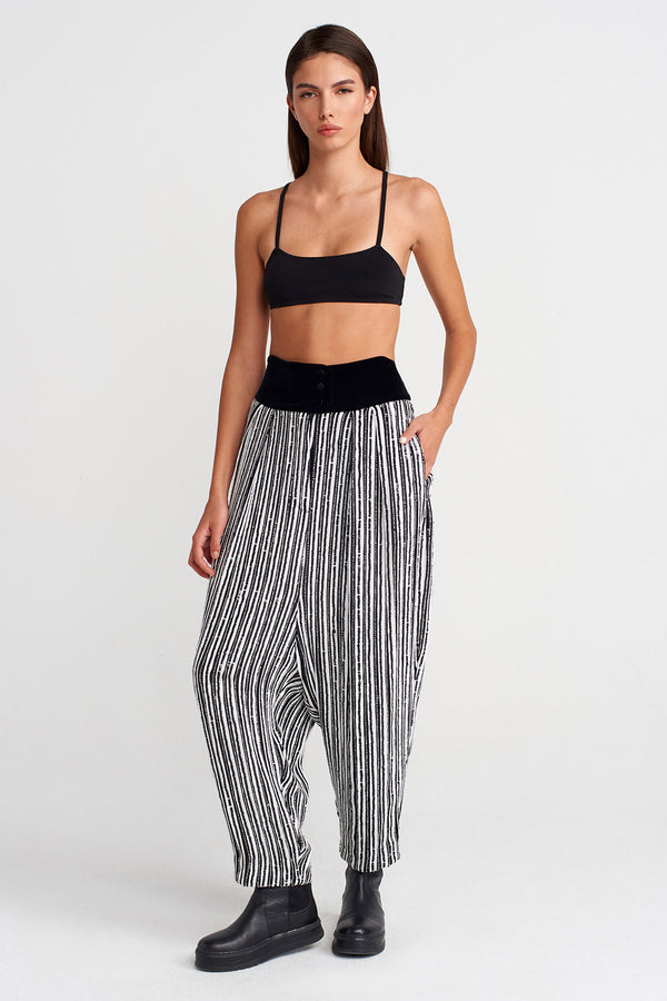 Nu Velvet-Waist Beaded Trousers Black-White