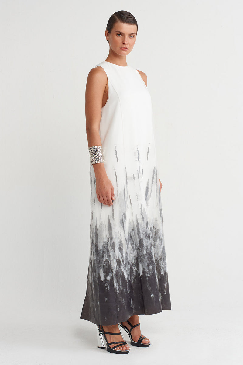 Nu Printed Organza Long Dress Off White