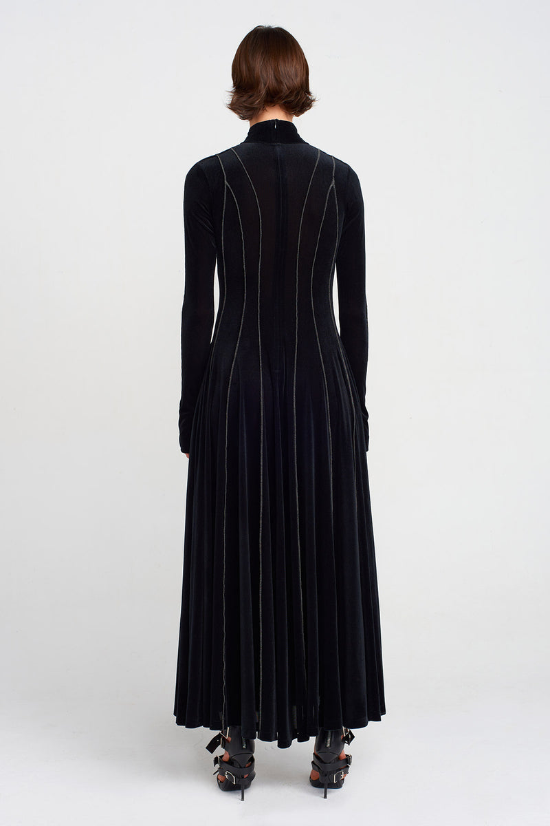 Nu Stitch Detailed Long Velvet Dress Black