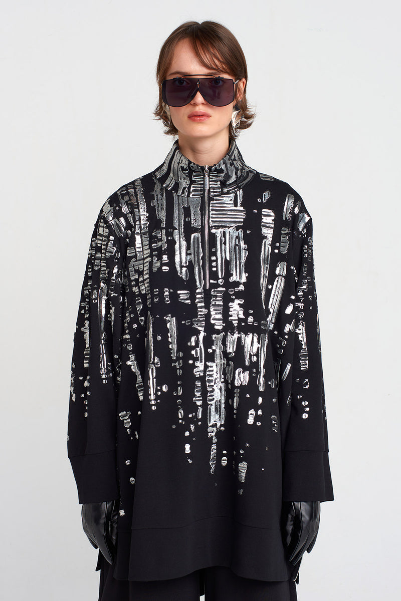 Nu Puffy Silver Printed Short Dress Black