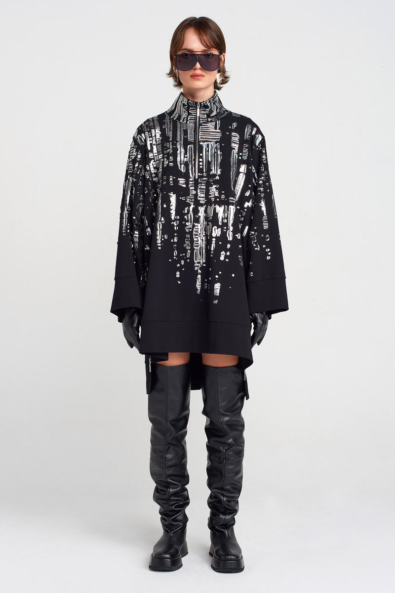 Nu Puffy Silver Printed Short Dress Black