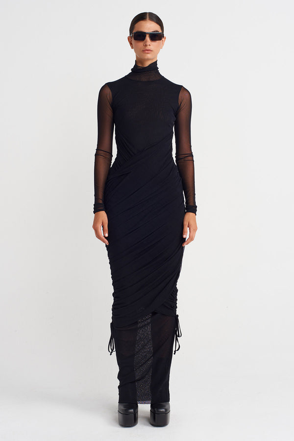 Nu Ruched Long Tulle Dress Black