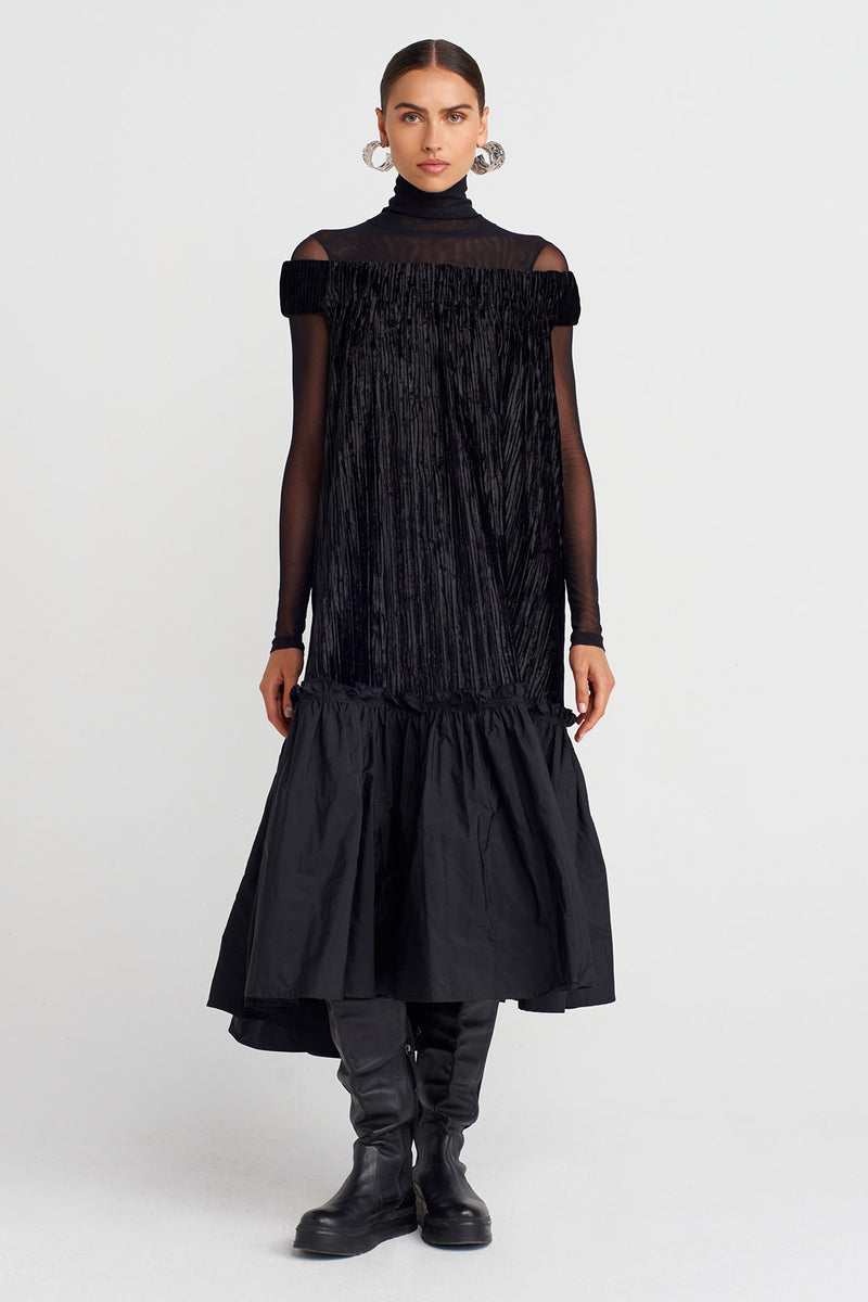Nu Ribbed Velvet Off-Shoulder Flared Dress Black
