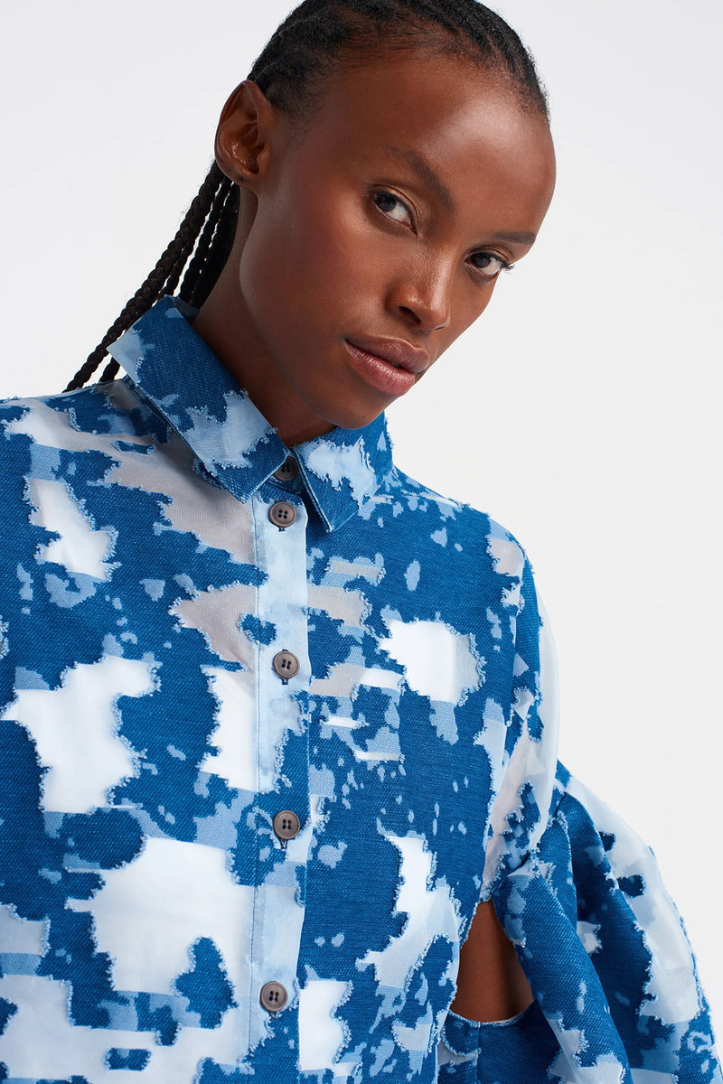 Nu Jacquard Patterned Transparent Shirt Dress Indigo
