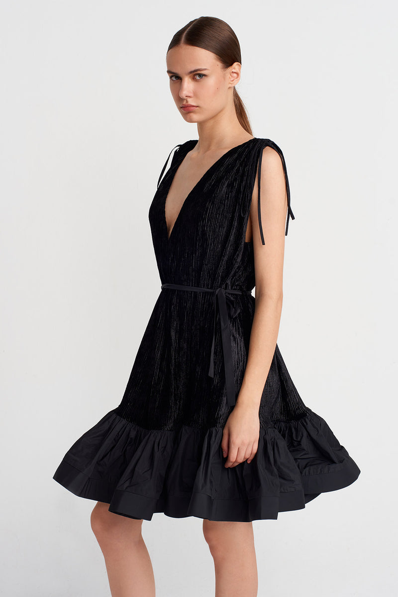 Nu Pleated Velvet Mini Dress With Taffeta Hem Black