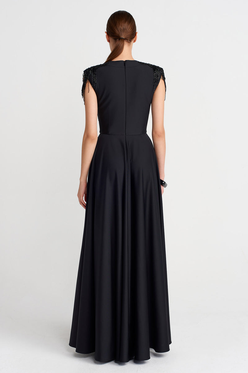Nu Embellished Draped Maxi Dress Black
