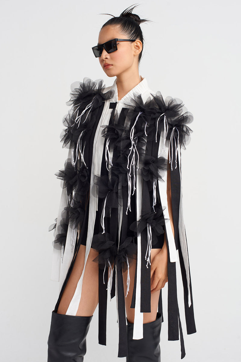 NU Floral Appliqué Striped Cape Jacket Off White/Black
