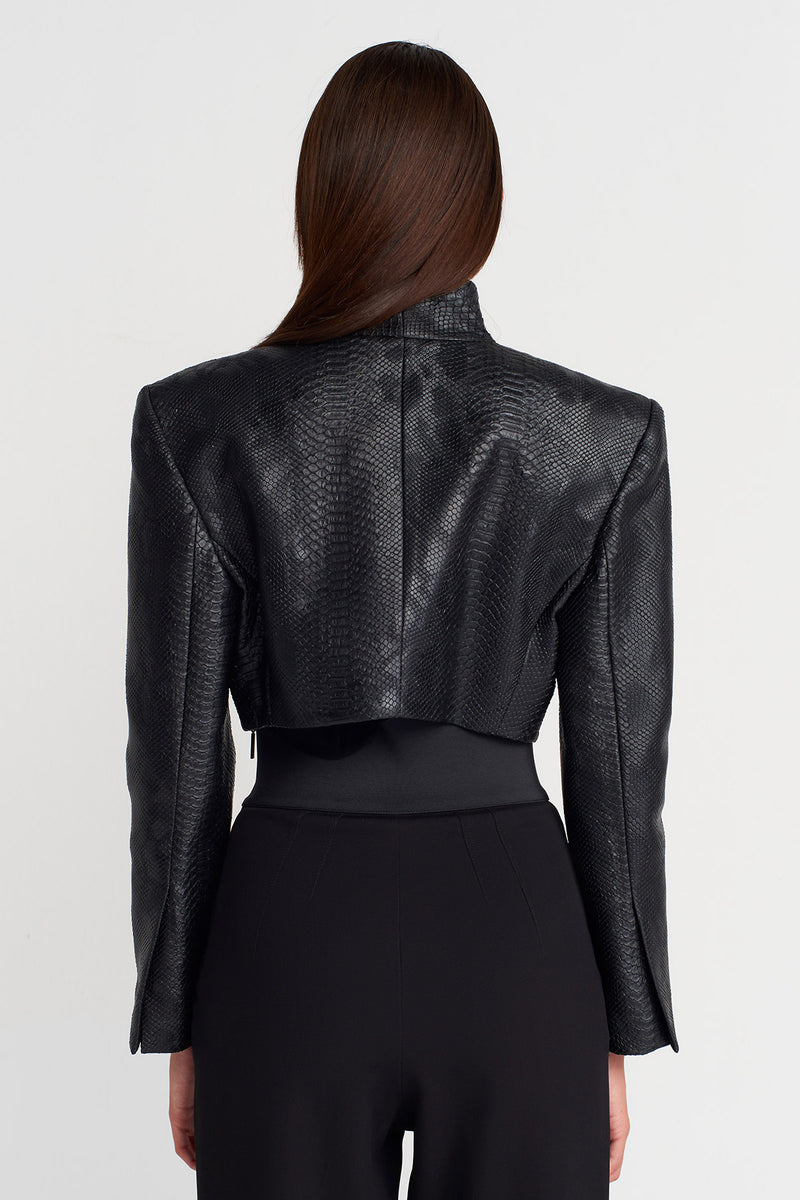 Nu Croc-Texture Cropped Leather Jacket Black