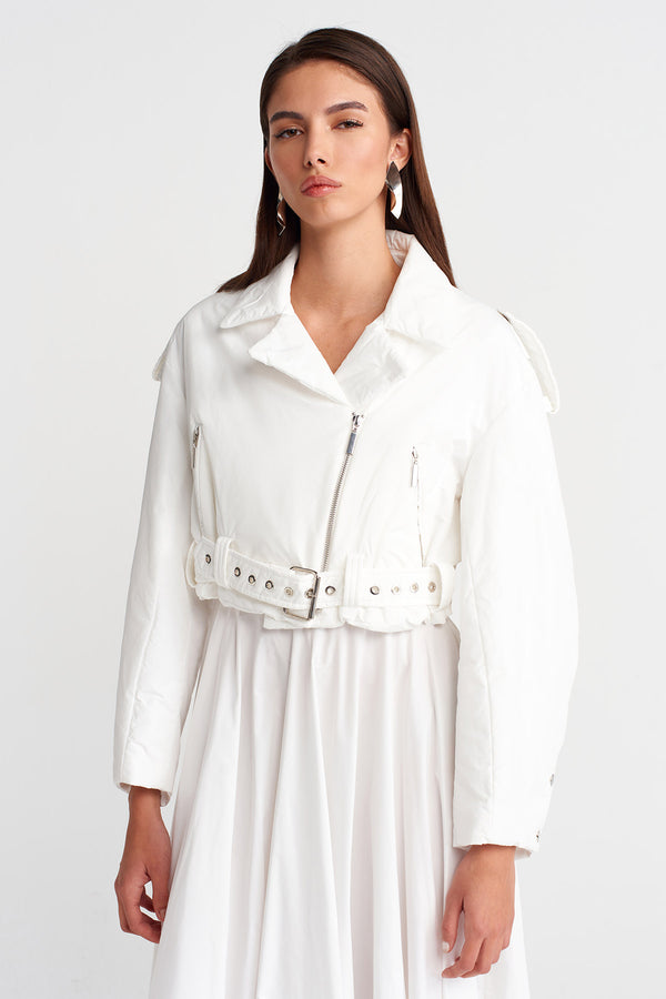 Nu Belted Short Puffer Biker Jacket Milk Serum