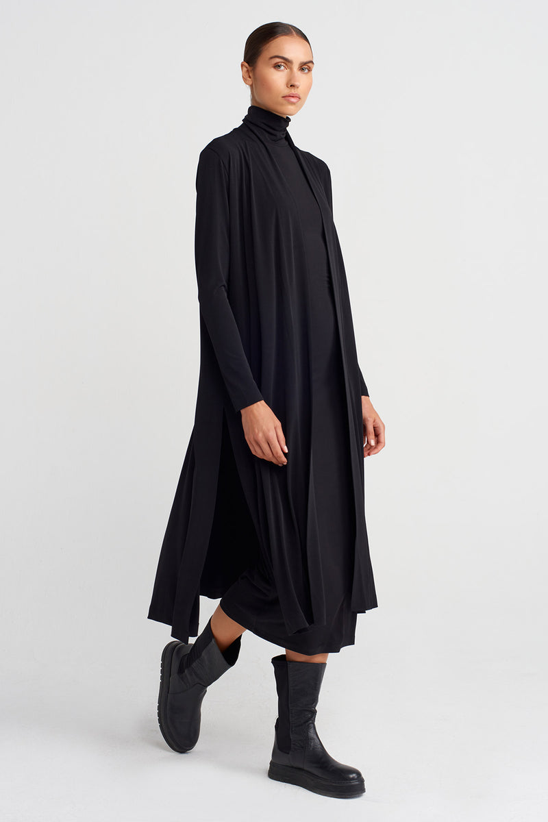 Nu Long Jersey Cardigan With Back Slit Black