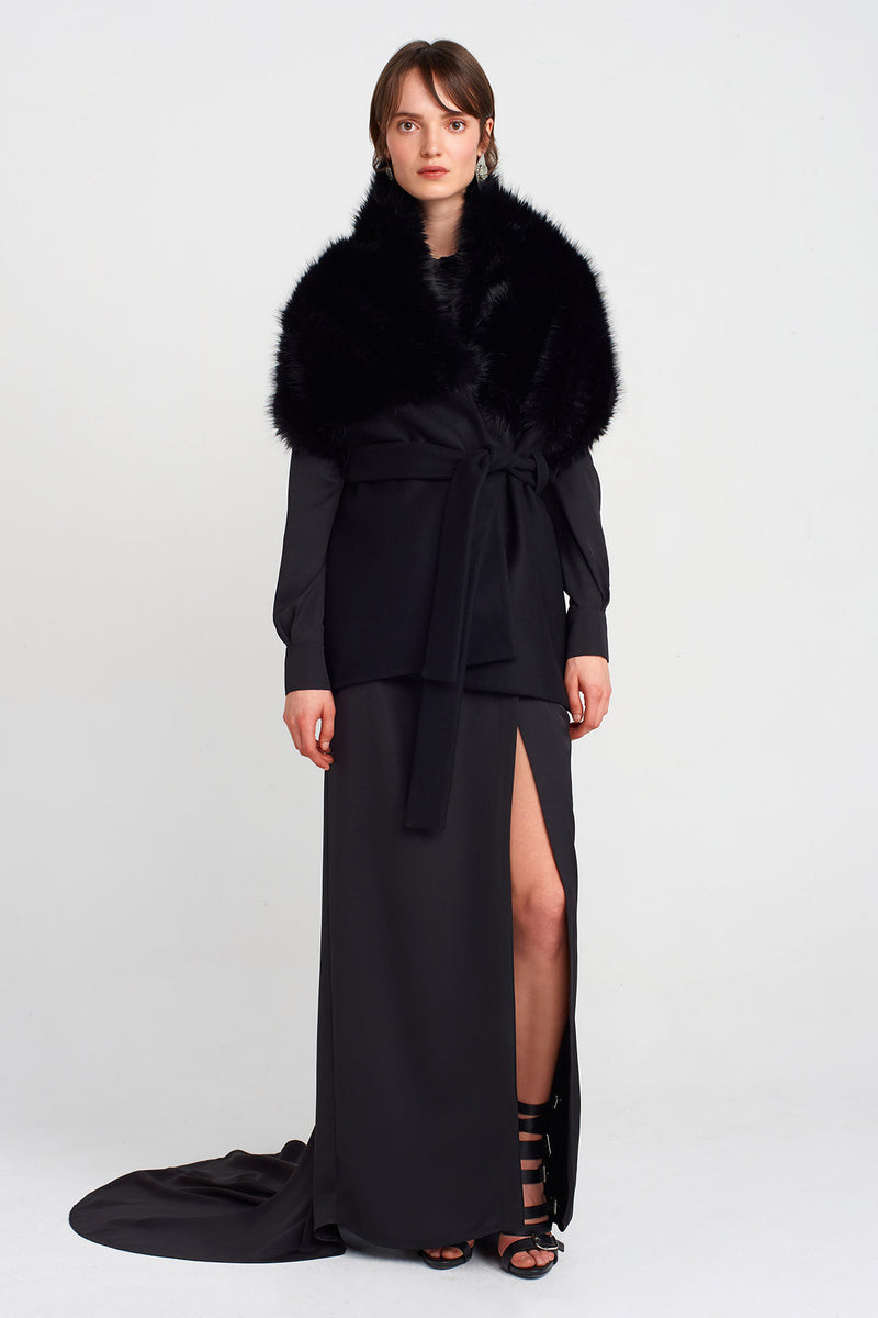 Nu Faux Fur, Waist-Tied Shawl Black