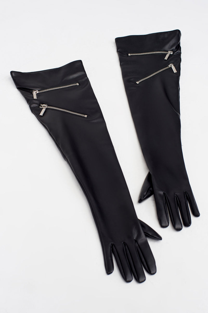 Nu Zipper Detailed Leather Gloves Black