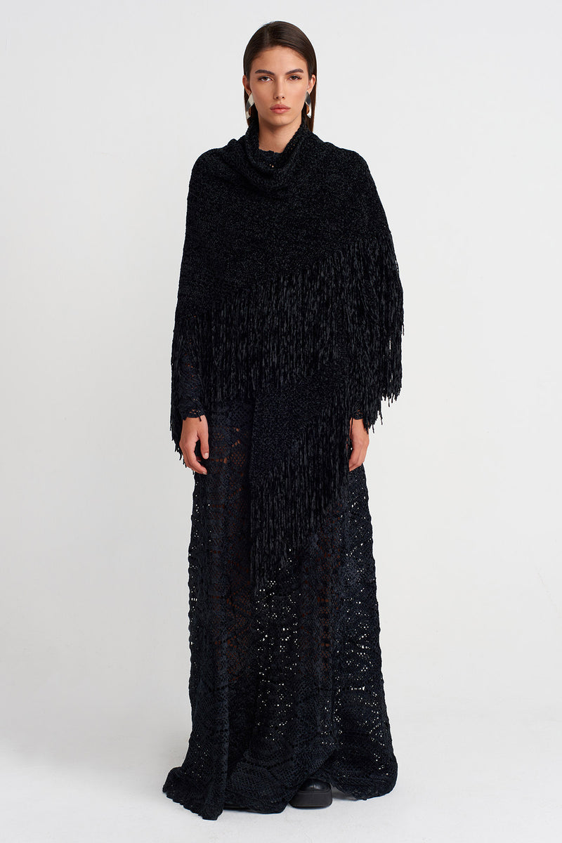 Nu Fringe Detailed Knitted Shawl Black