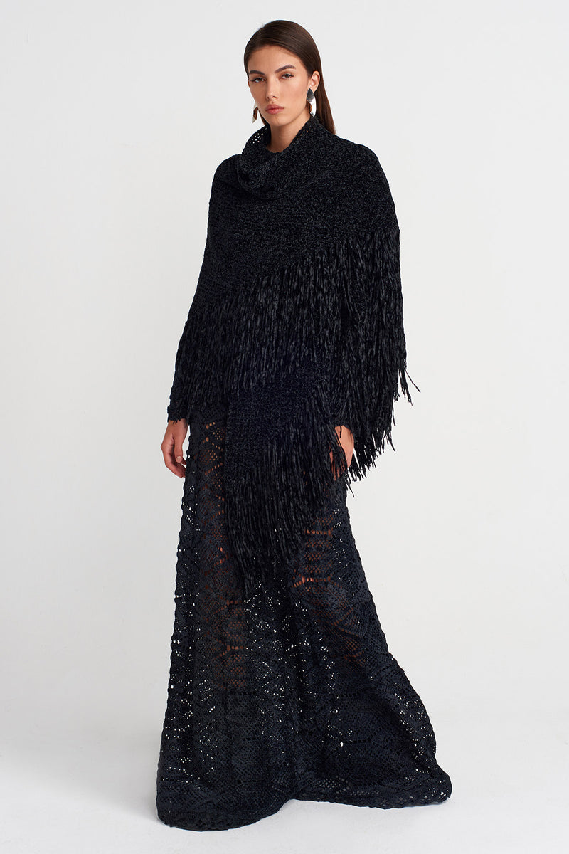 Nu Fringe Detailed Knitted Shawl Black