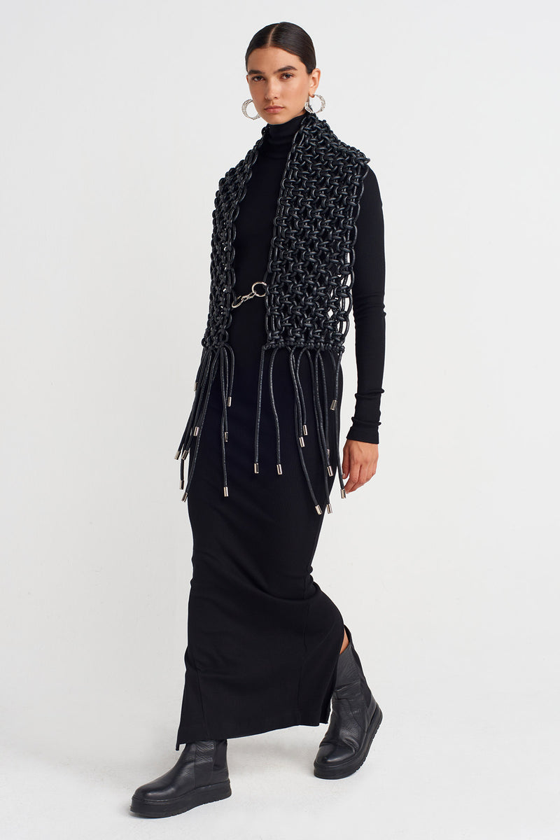 Nu Macramé Shoulder Piece With Metal-Tipped Fringes Black