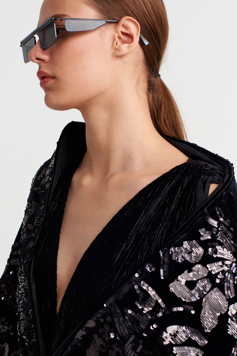Nu Sequin Embroidered Shawl With Fringe Black