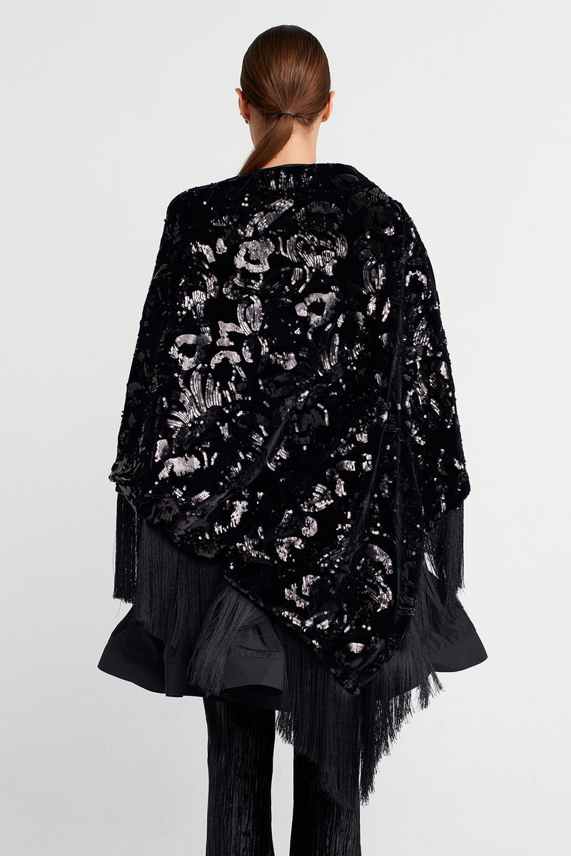 Nu Sequin Embroidered Shawl With Fringe Black