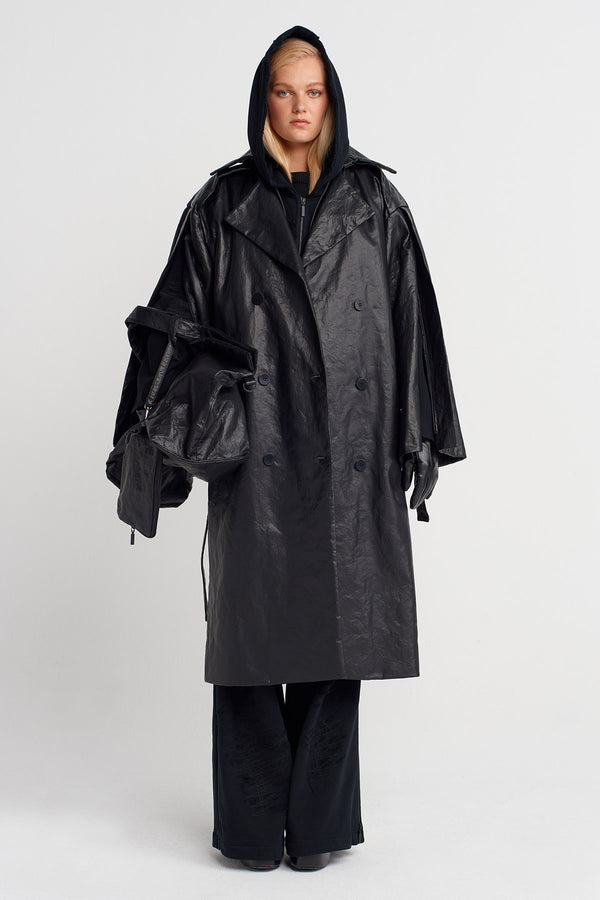 Nu Oversized Leather Trench Coat Black